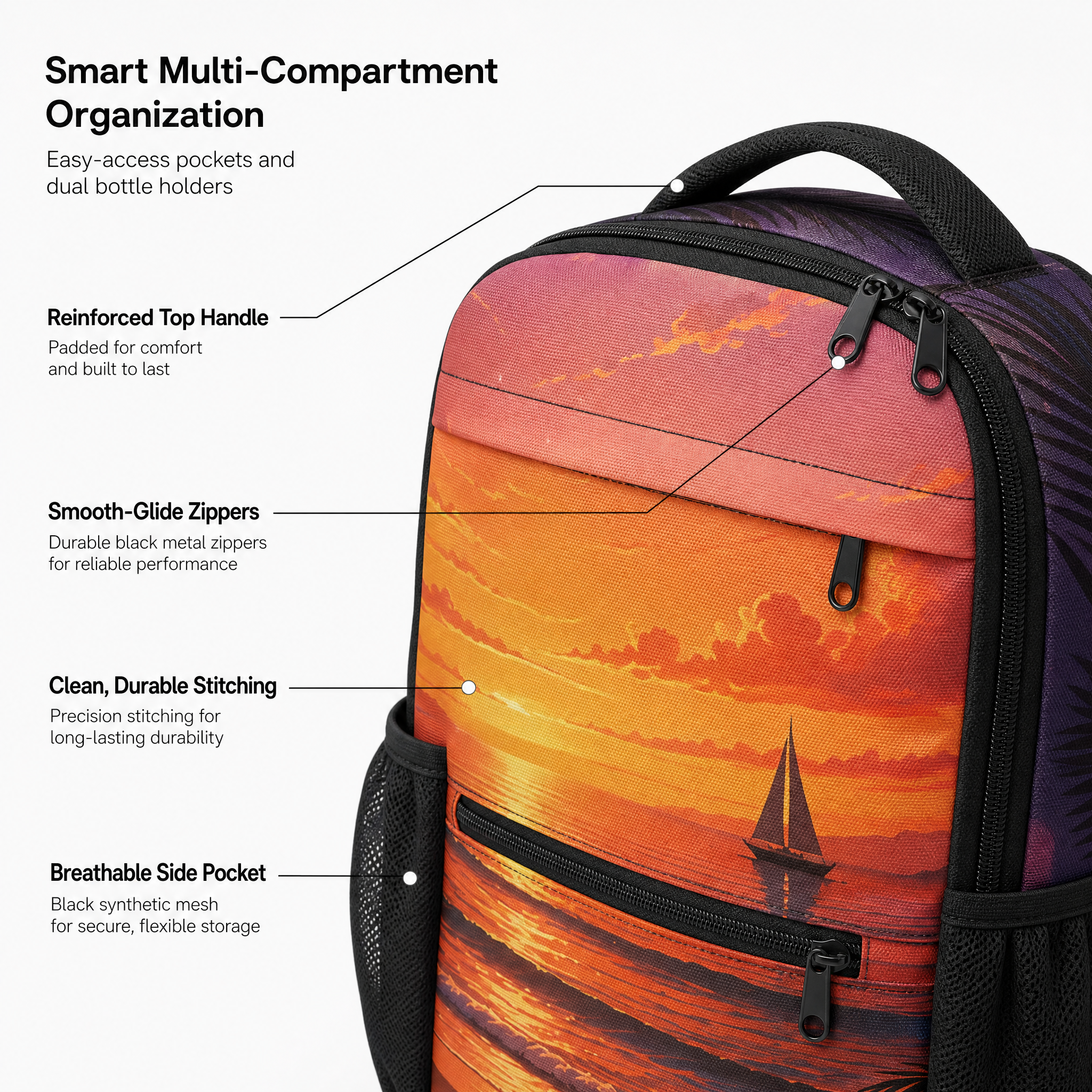 Daypack Rucksack ergonomisch gepolstert Laptopfach Netztaschen Unisex Sommer