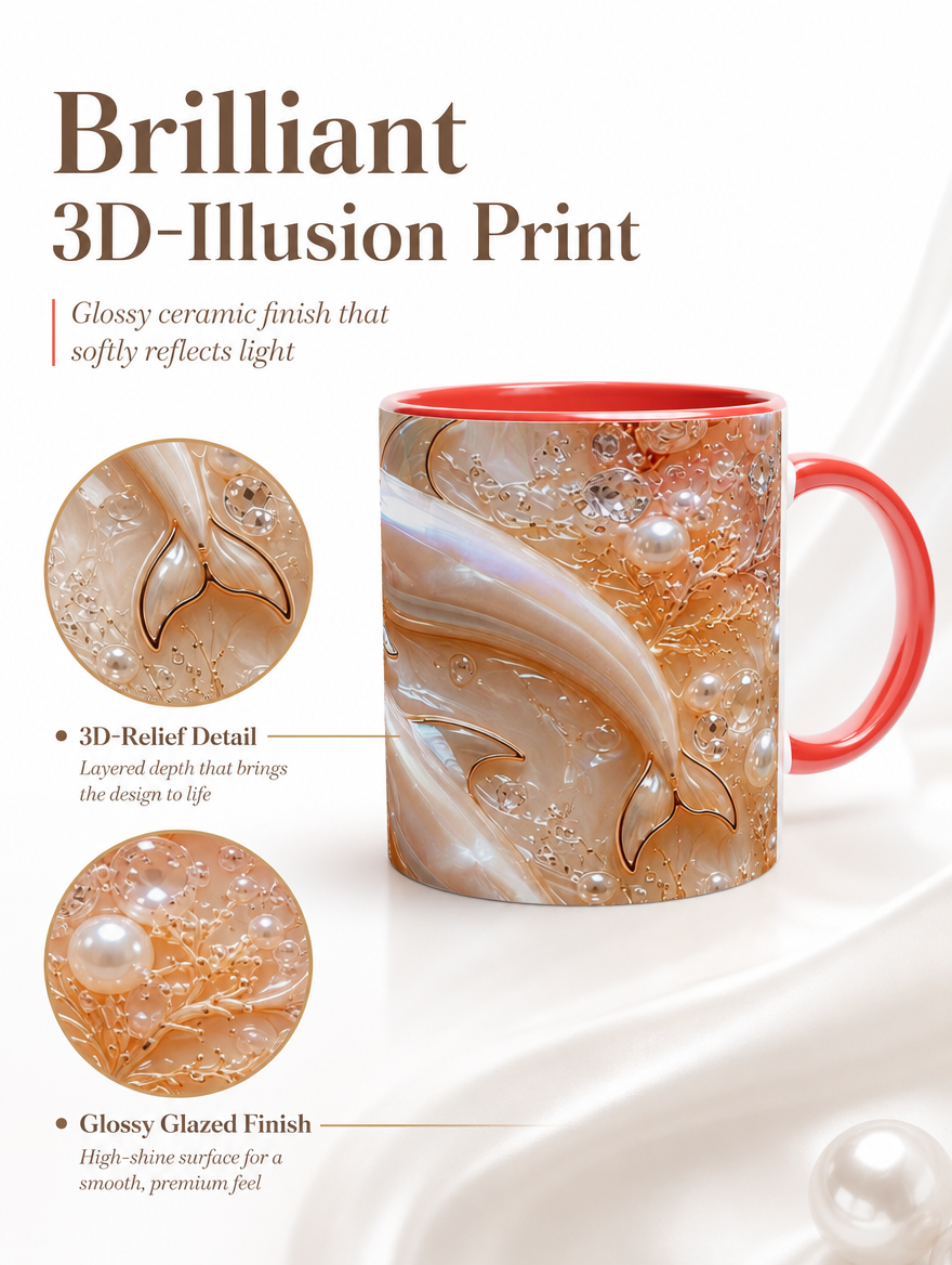 Edle Keramiktasse Delfin - Geschenktasse mit farbigem Henkel - Perlmutt und Rosé Optik - 325 ml spülmaschinenfest - Geschenk für sie