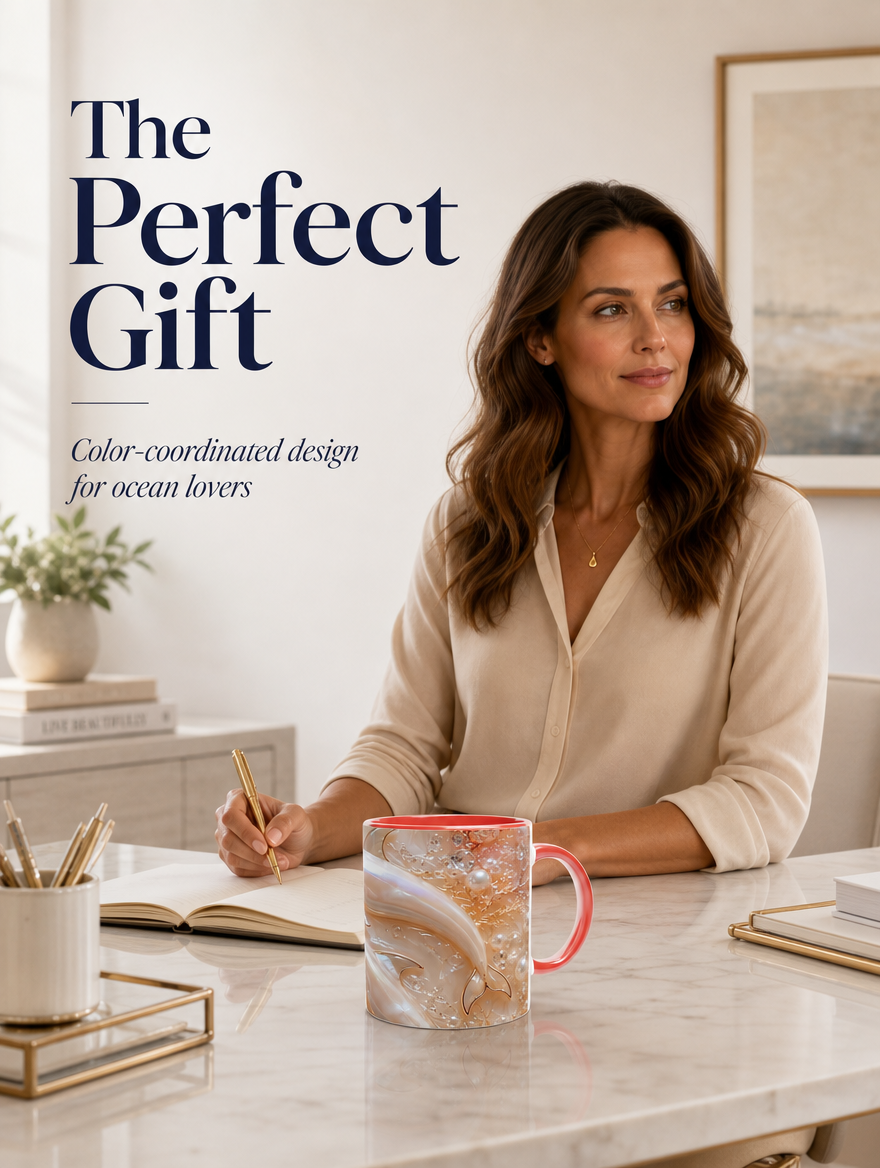 Edle Keramiktasse Delfin - Geschenktasse mit farbigem Henkel - Perlmutt und Rosé Optik - 325 ml spülmaschinenfest - Geschenk für sie