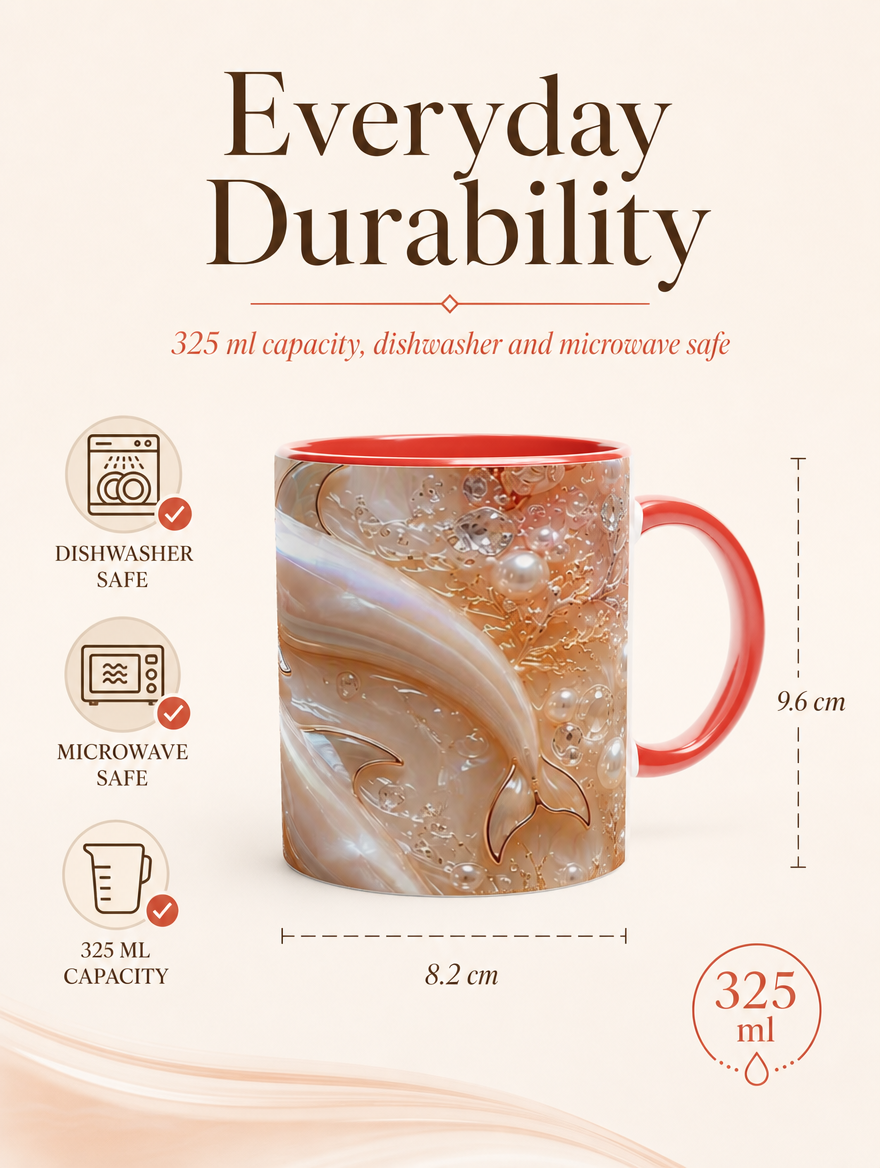 Edle Keramiktasse Delfin - Geschenktasse mit farbigem Henkel - Perlmutt und Rosé Optik - 325 ml spülmaschinenfest - Geschenk für sie