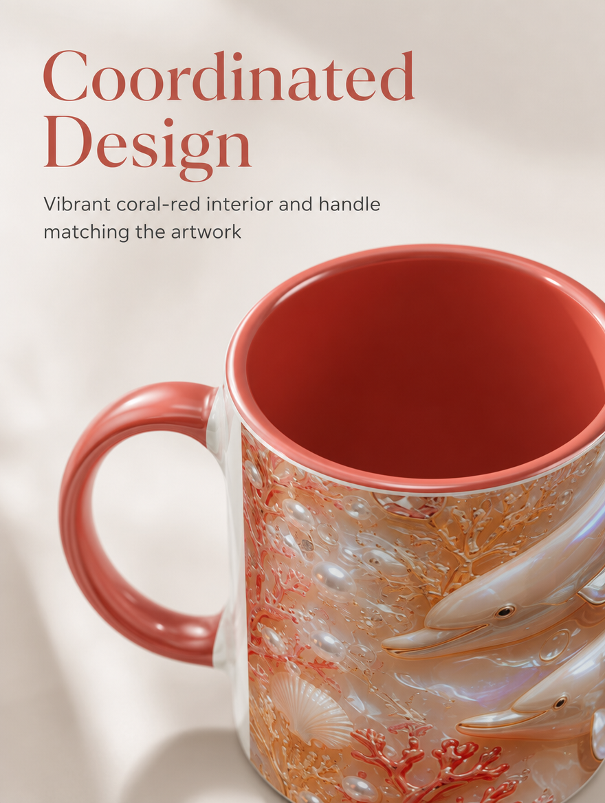 Edle Keramiktasse Delfin - Geschenktasse mit farbigem Henkel - Perlmutt und Rosé Optik - 325 ml spülmaschinenfest - Geschenk für sie