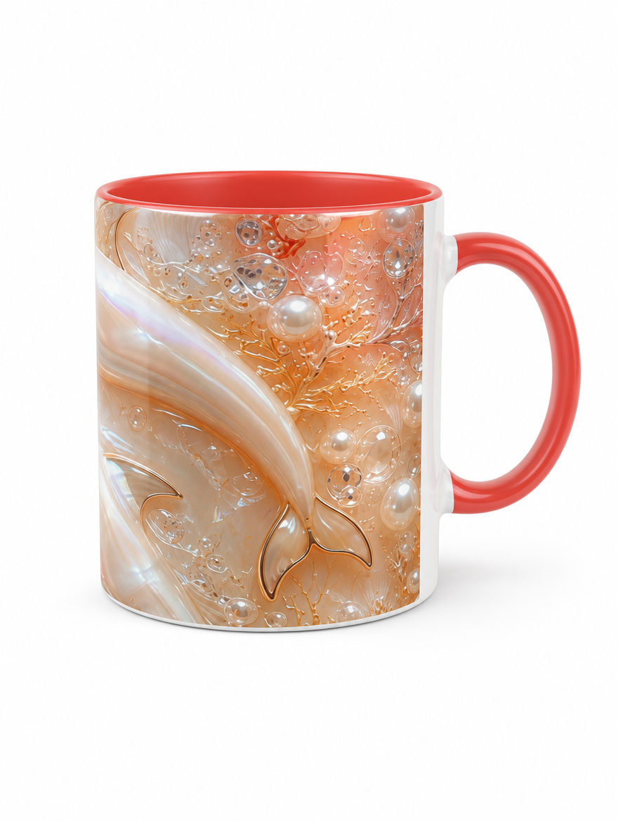 Edle Keramiktasse Delfin - Geschenktasse mit farbigem Henkel - Perlmutt und Rosé Optik - 325 ml spülmaschinenfest - Geschenk für sie