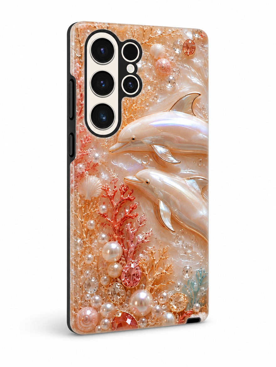 Samsung Galaxy Hülle Hartschale zweilagig kabelloses Laden Delfin Perlmutt