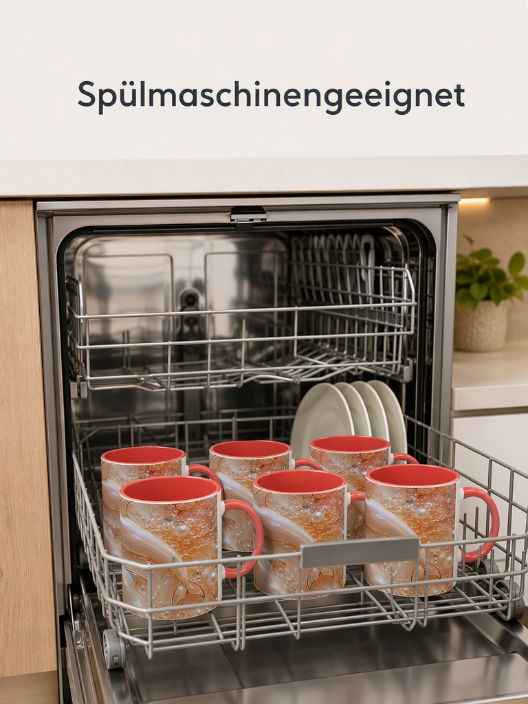 Edle Keramiktasse Delfin - Geschenktasse mit farbigem Henkel - Perlmutt und Rosé Optik - 325 ml spülmaschinenfest - Geschenk für sie