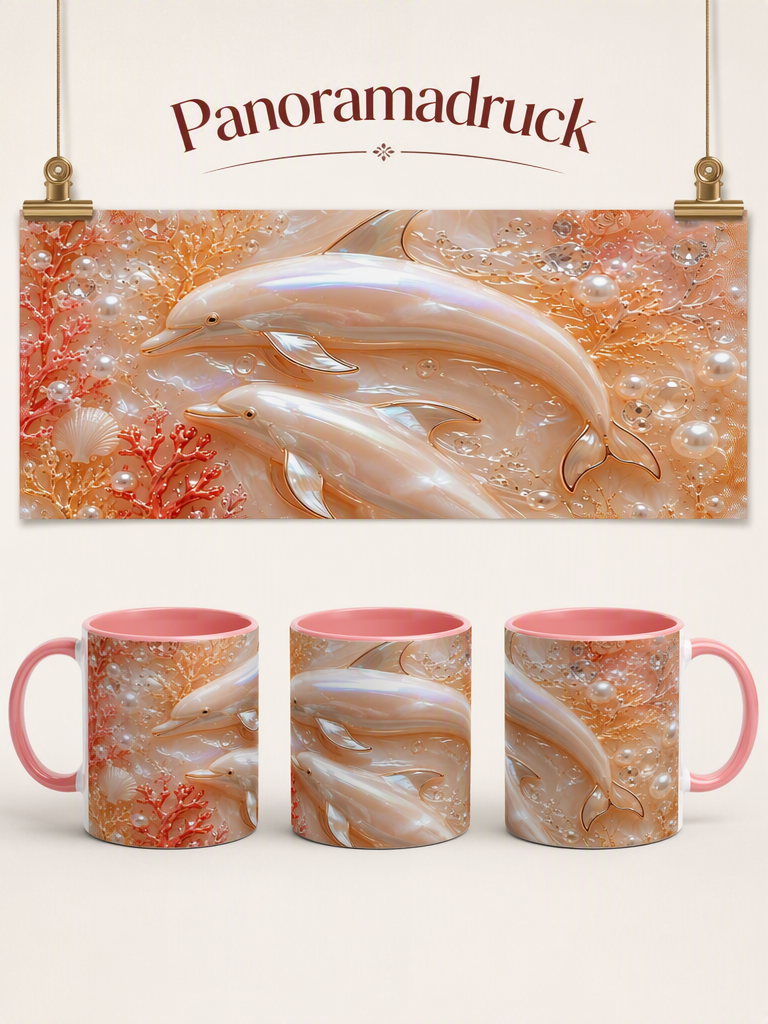 Edle Keramiktasse Delfin - Geschenktasse mit farbigem Henkel - Perlmutt und Rosé Optik - 325 ml spülmaschinenfest - Geschenk für sie