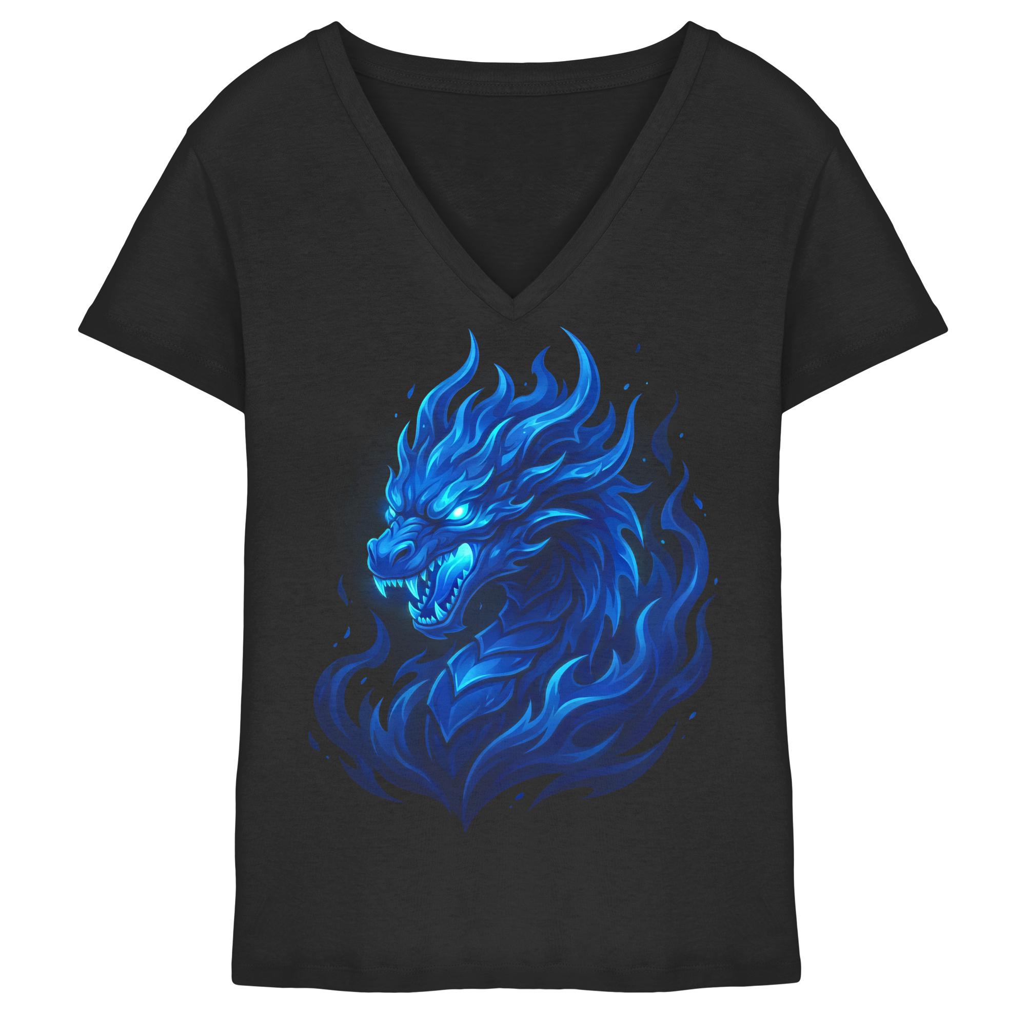 Premium Damen V-Neck T-Shirt „Blue Flamebound Dragon“ - Ladies V-Neck Shirt