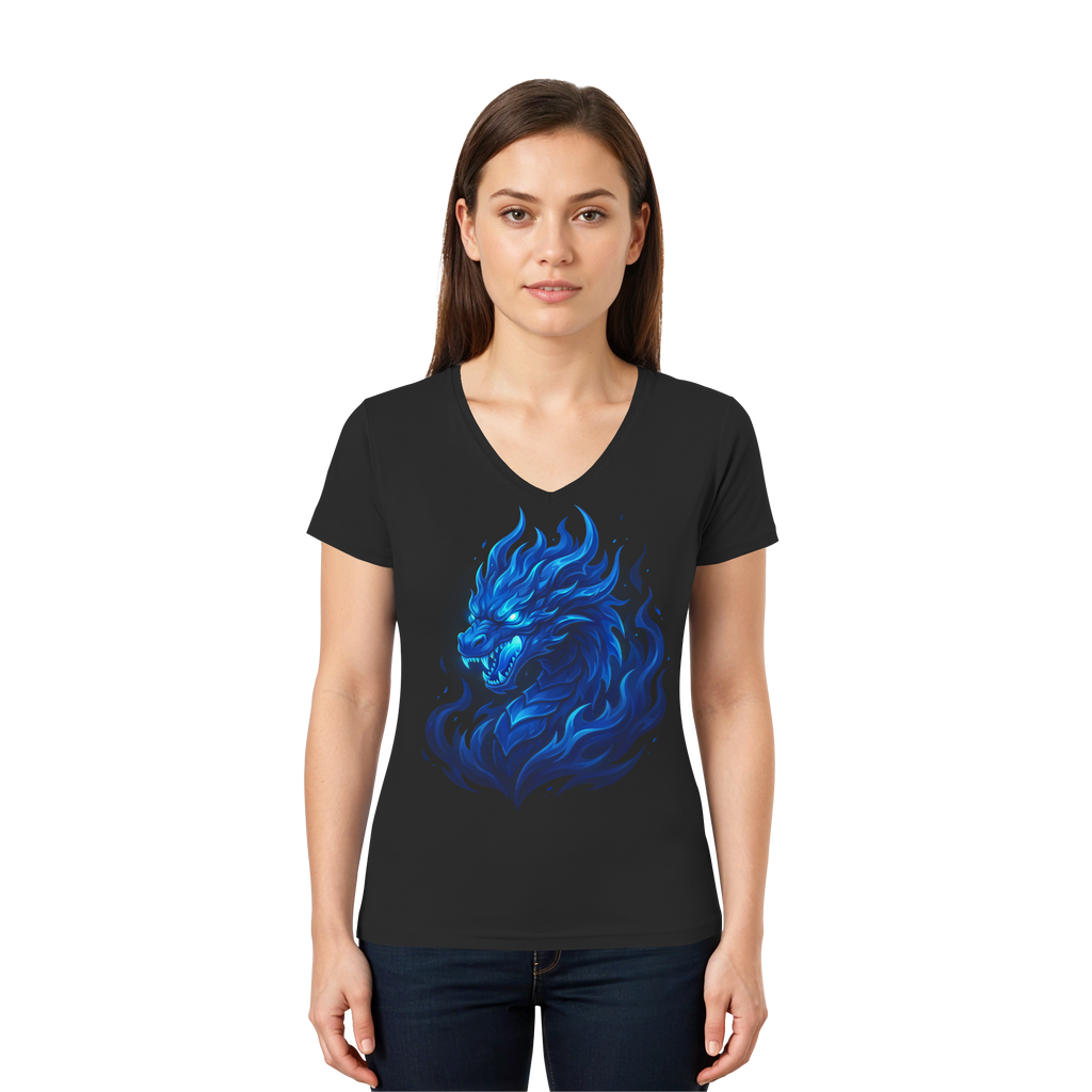 Premium Damen V-Neck T-Shirt „Blue Flamebound Dragon“ - Ladies V-Neck Shirt