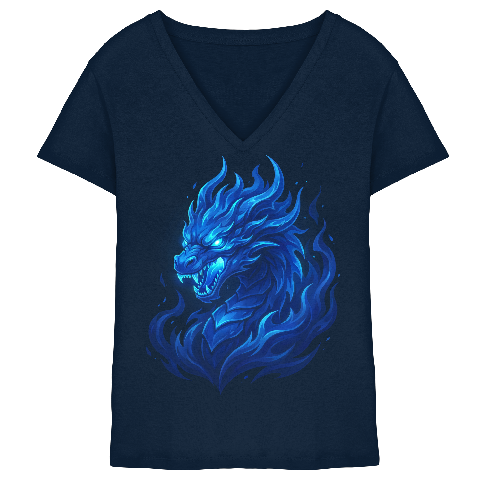 Premium Damen V-Neck T-Shirt „Blue Flamebound Dragon“ - Ladies V-Neck Shirt
